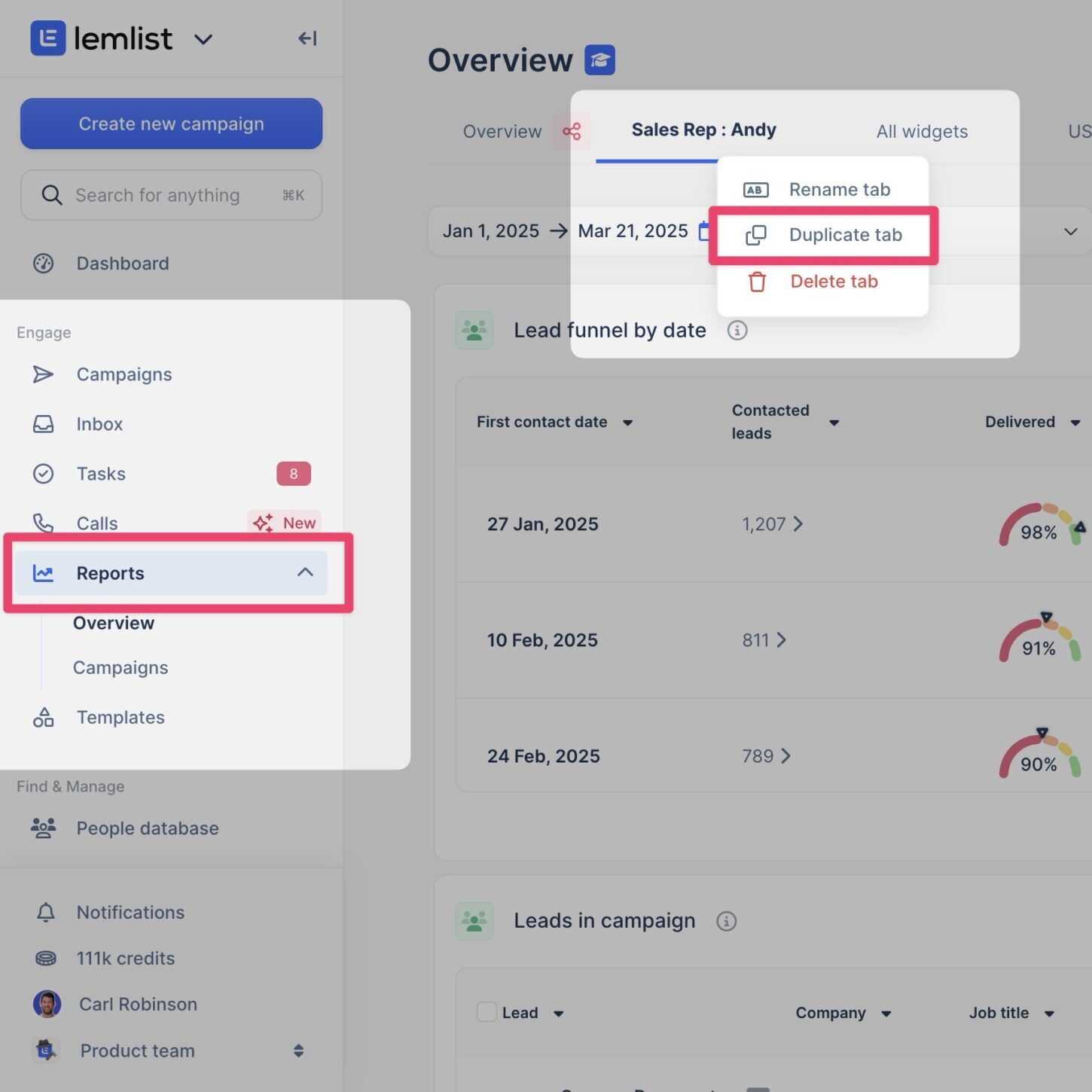 Duplicate report tab