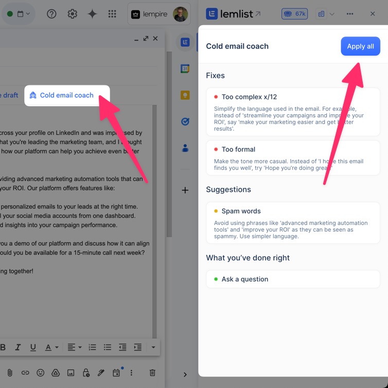 Cold email coach in Gmail
