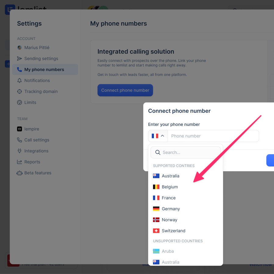 In-app calling countries
