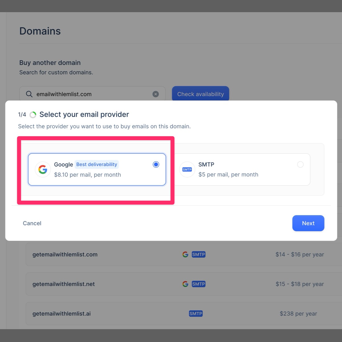 Purchase emails and domains from Google