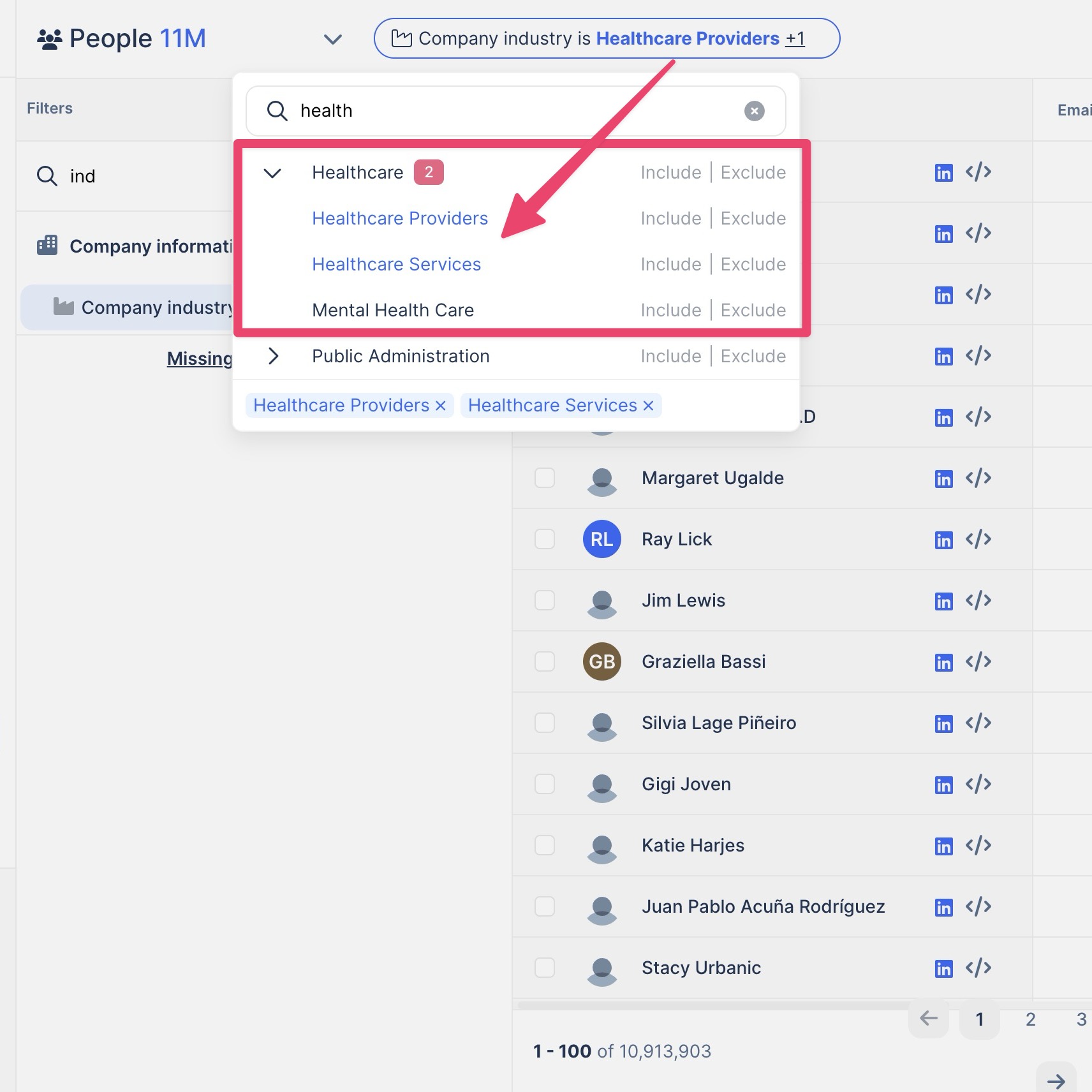 Sub-industries available in the people database