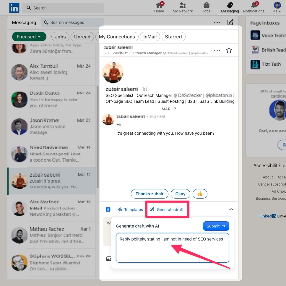 Ask AI in LinkedIn inbox