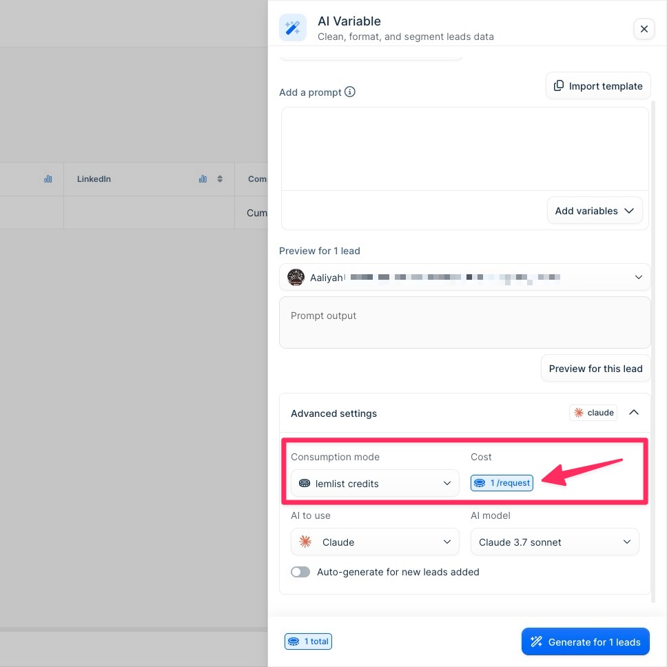 Use lemlist credits for AI variables
