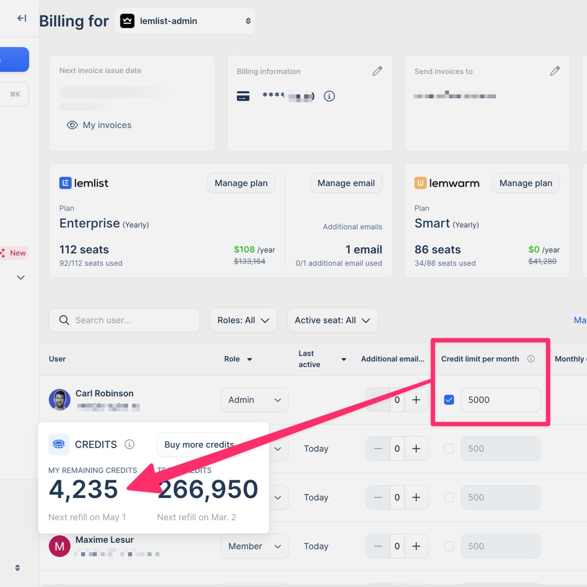 Monthly credit usage limit per user